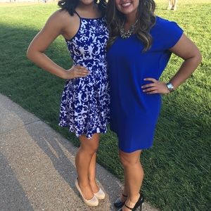 Blue and white A-line formal dress